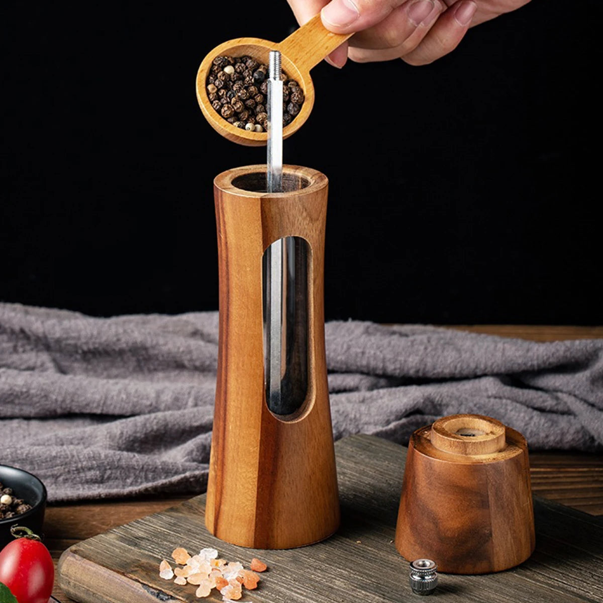 1PC-Household pepper mill, sea salt and Sichuan pepper grinder, pagoda-style wooden kitchen pepper mill, manual grinder