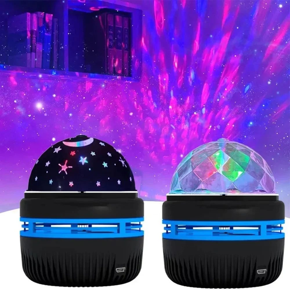 LED night light projectors with star and crystal dome, projecting colorful patterns indoors