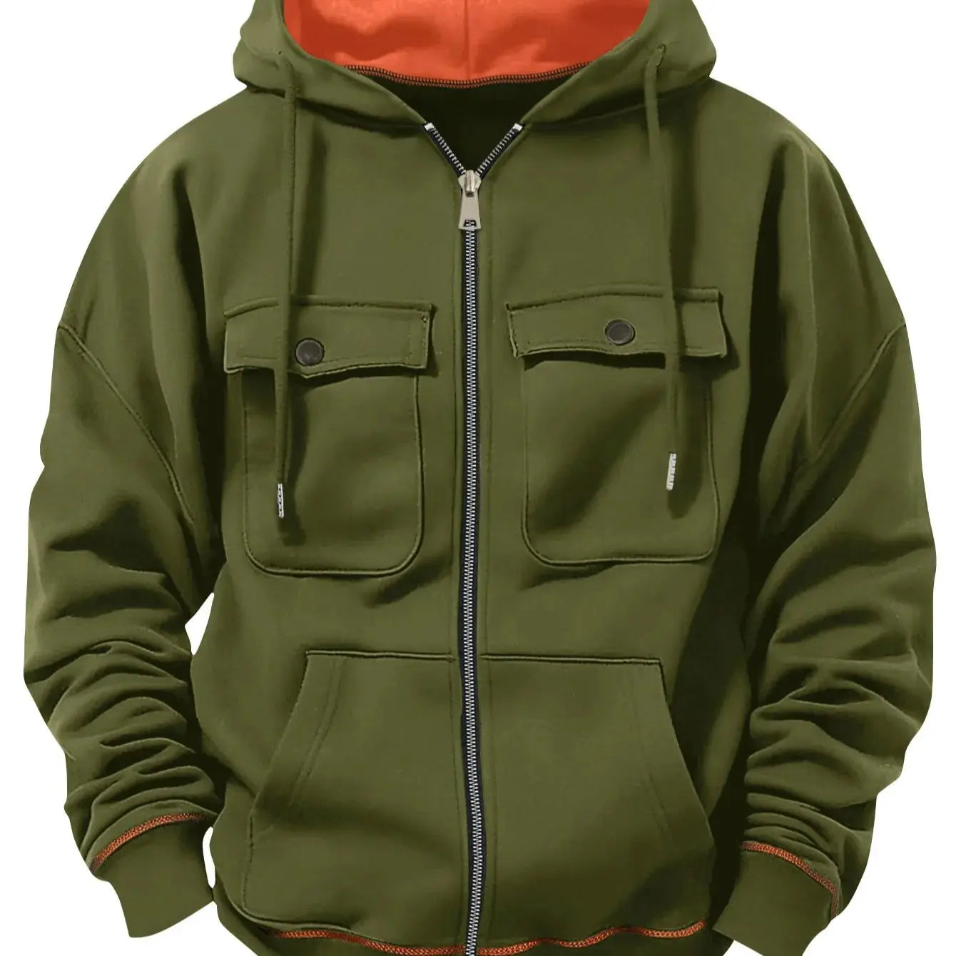 2026 New model retro workwear hooded sweatshirt, men's zipper solid-color warm sports shirt with multiple pockets hooded jacket