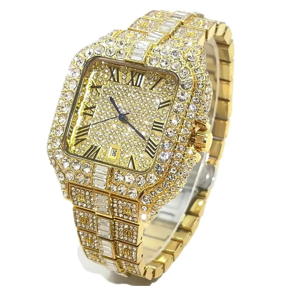 Hot Fashion Brand UNIGUET Hip Hop Rose Gold Iced Diamond Mens Watch Luxury Square Waterproof Quartz Man Clocks Relogio Masculino