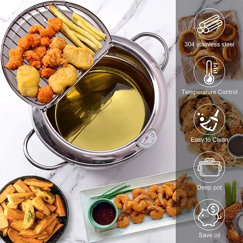 Japanese Deep Frying Pot With A Thermometer And A Lid Fryer Pan 304 Stainless Steel Kitchen Tempura Oil Frying Pan Fryer