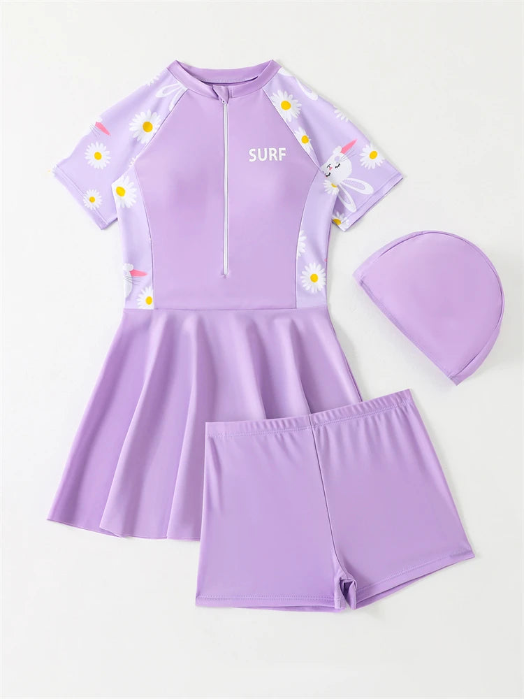 Kids Swimsuit Girls Swimwear 2026 New Solid Print Short Sleeve Dress Zipper Children Swimming Shorts Beach Bathing Suit 3 Piece