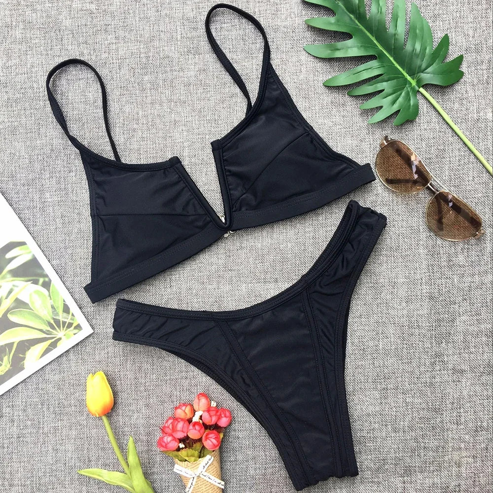 Splicing Denim V Shaped Thong Bikini Women Swimsuit Female Swimwear Two Pieces Bikini Set Bather Push Up Bathing Suit Swim Lady