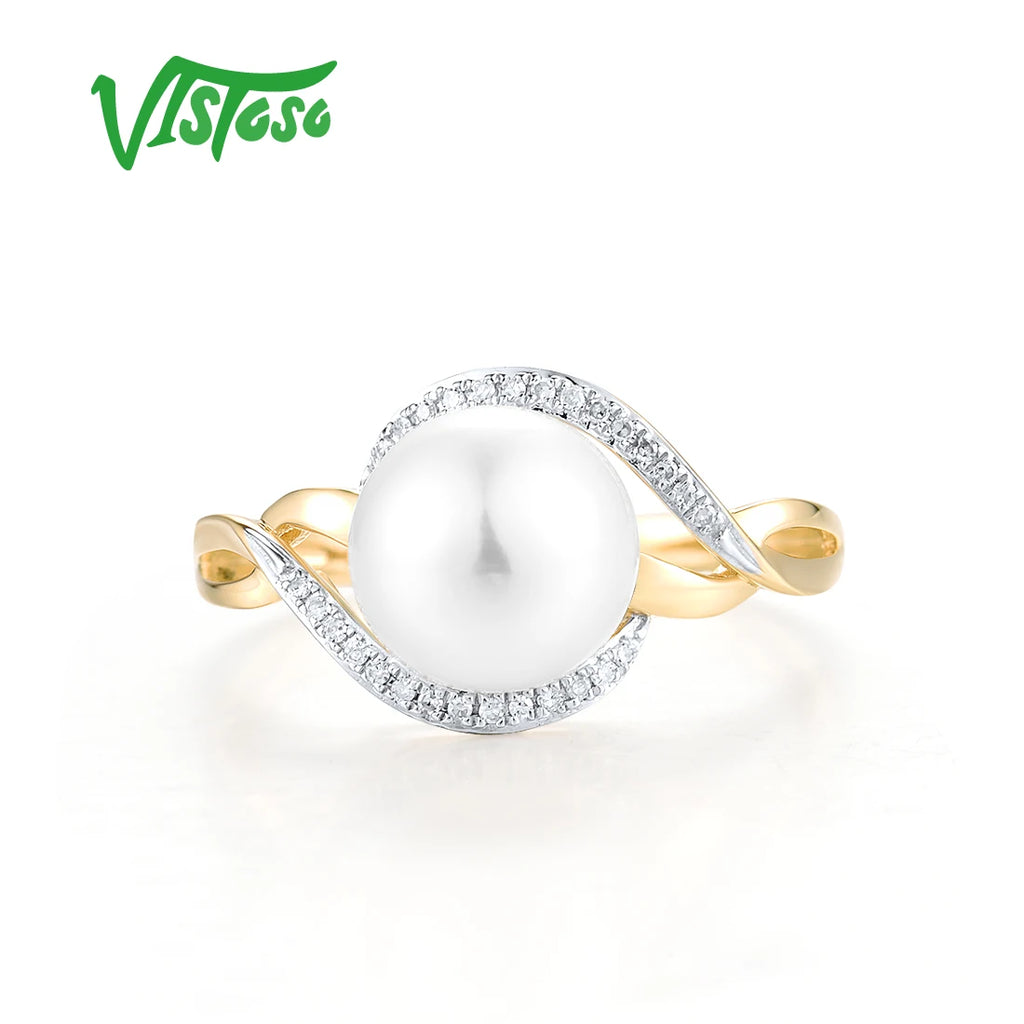 VISTOSO Genuine 14K 585 Yellow Gold Ring For Women Sparkling Diamonds Fresh Water Pearl Delicate Party Fashion Fine Jewelry