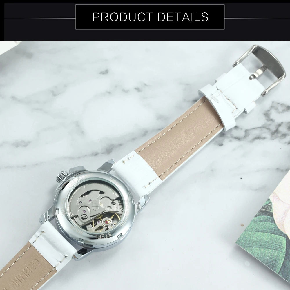 WINNER Fashion Skeleton Mechanical Watch for Women Luxury Rhinestones Dial Elegant Automatic Watches Leather Strap Luminous Hand