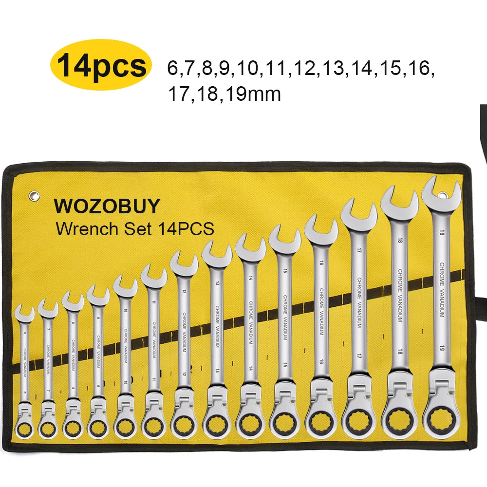 Ratcheting Wrench Set Metric and Standard 12-Point Box End Combination Spanner Gear Wrench Garage Tool Set,CR-V Full Polished