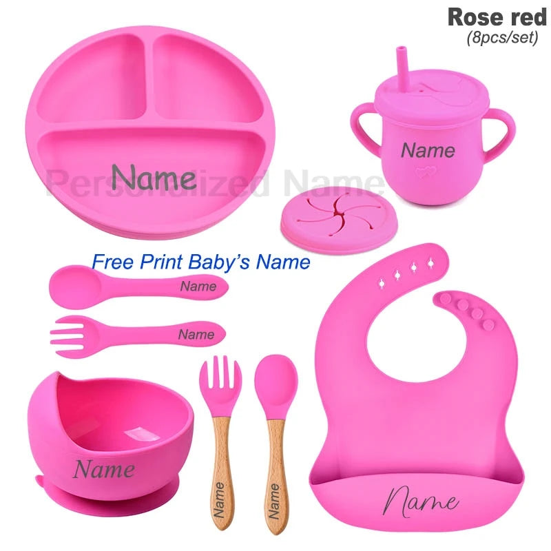 Personalized Logo Name Baby Silicone Dishes Feeding Set Suction Cup Bowl Tableware Kids Bowl Spoon Fork Bib Feeding Set BPA Free
