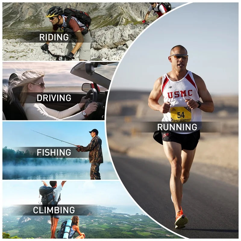 Collage of outdoor activities including riding, running, driving, fishing, and climbing