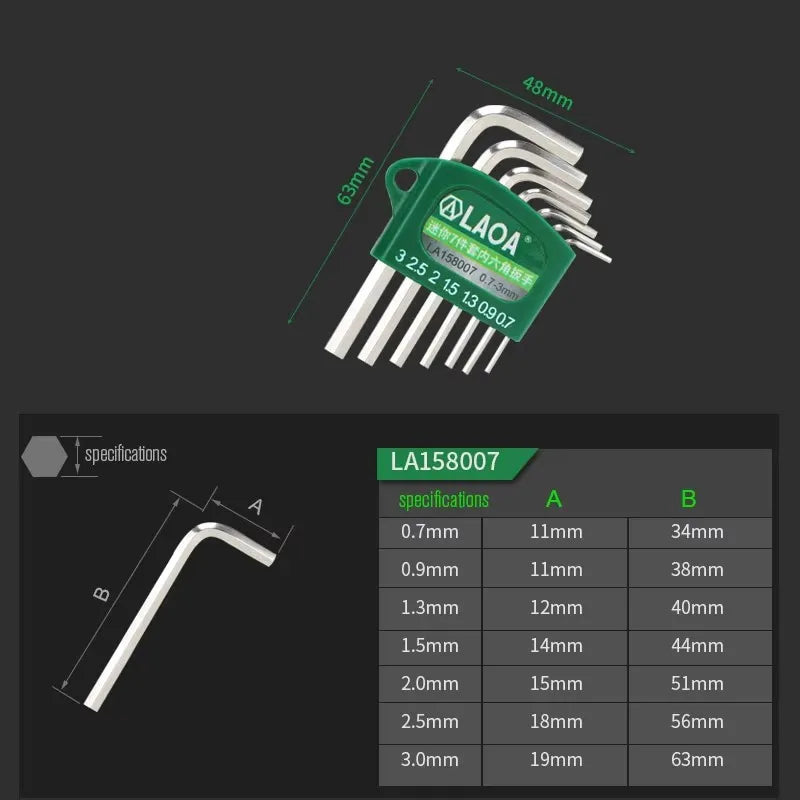 LAOA Mini 7-piece allen wrench hexagonal hexagonal screwdriver set 0.7/0.9/1.3/1.5/2/2.5/ 3mm wrench Allen key
