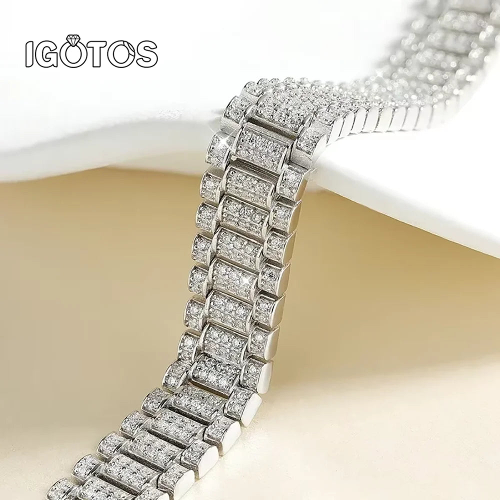 IGOTOS 1.2mm Moissanite Watch Chain Bracelet 925 Sterling Silver Certified Women Men Full Diamond Bangle Fine Jewelry