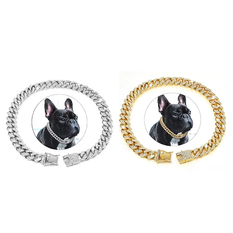 1/2pcs Pet Dog Collar Cat Chain Diamond Walking Metal Chain Collar With Design Secure Buckle Jewelry Accessories Cuban Collar