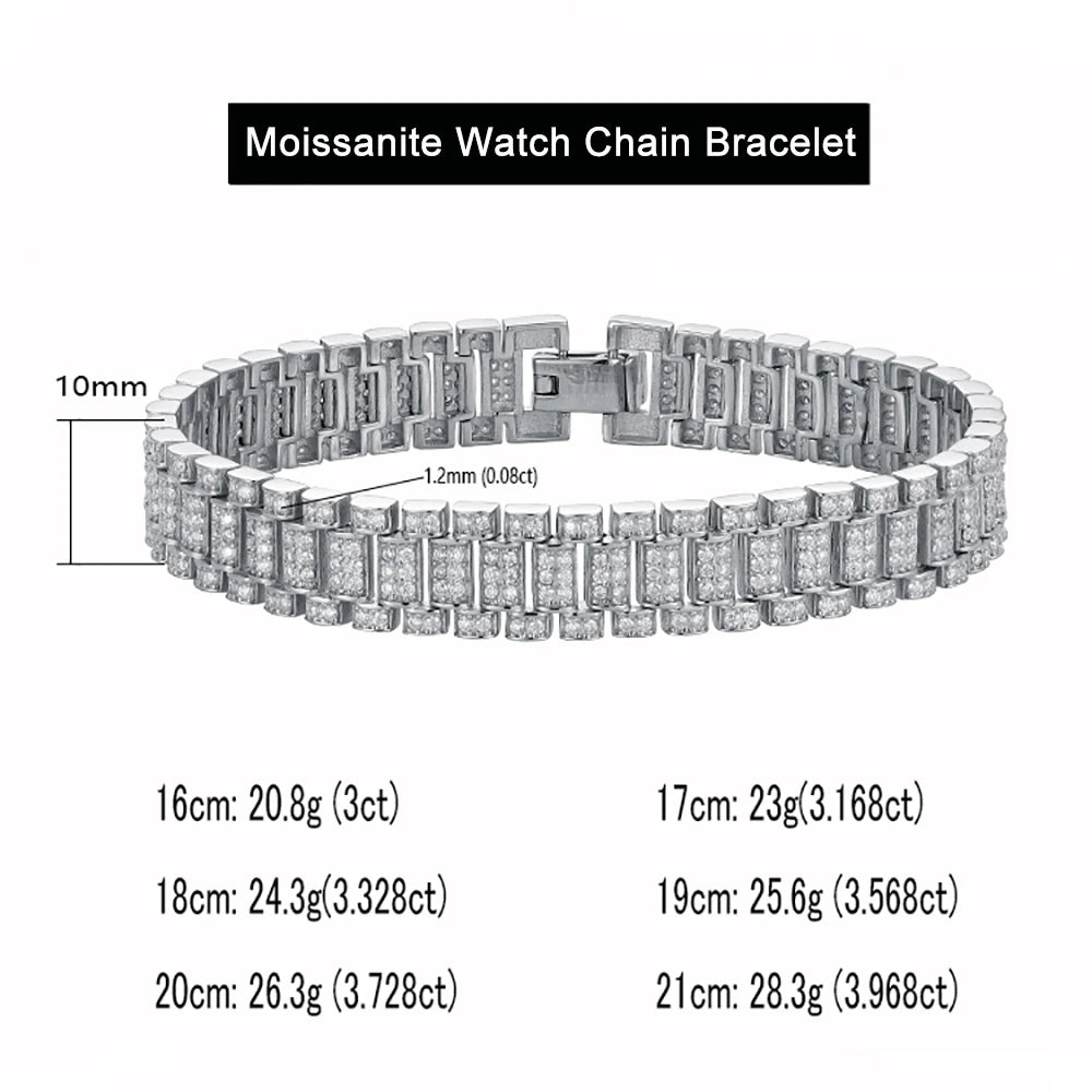 IGOTOS 1.2mm Moissanite Watch Chain Bracelet 925 Sterling Silver Certified Women Men Full Diamond Bangle Fine Jewelry