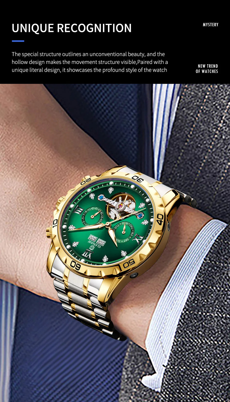 Glenaw high-end business fully automatic mechanical multi-functional men's watch trendy fashion waterproof watch