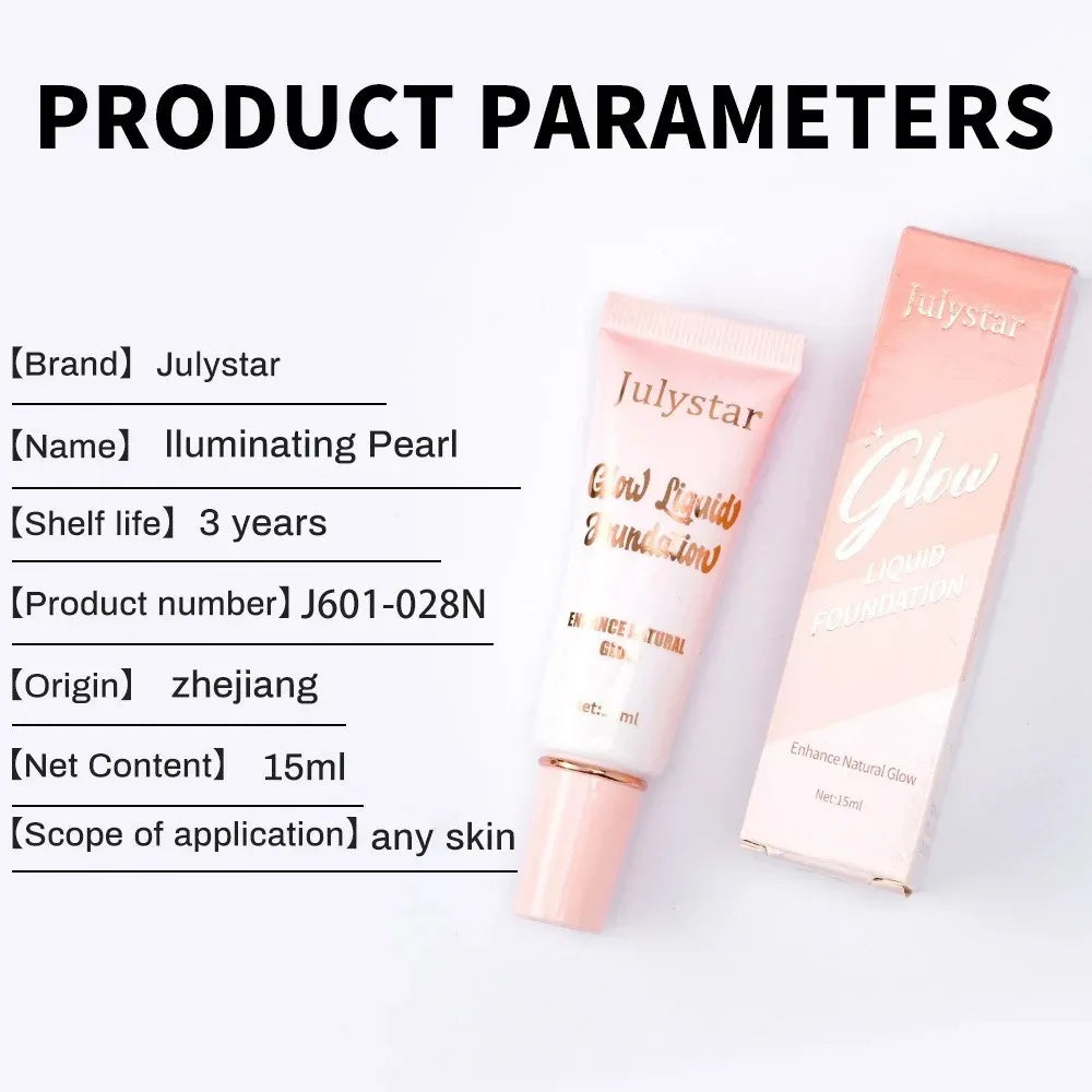 Julystar Illuminating Pearl glow liquid foundation tube and box, 15ml, for all skin types
