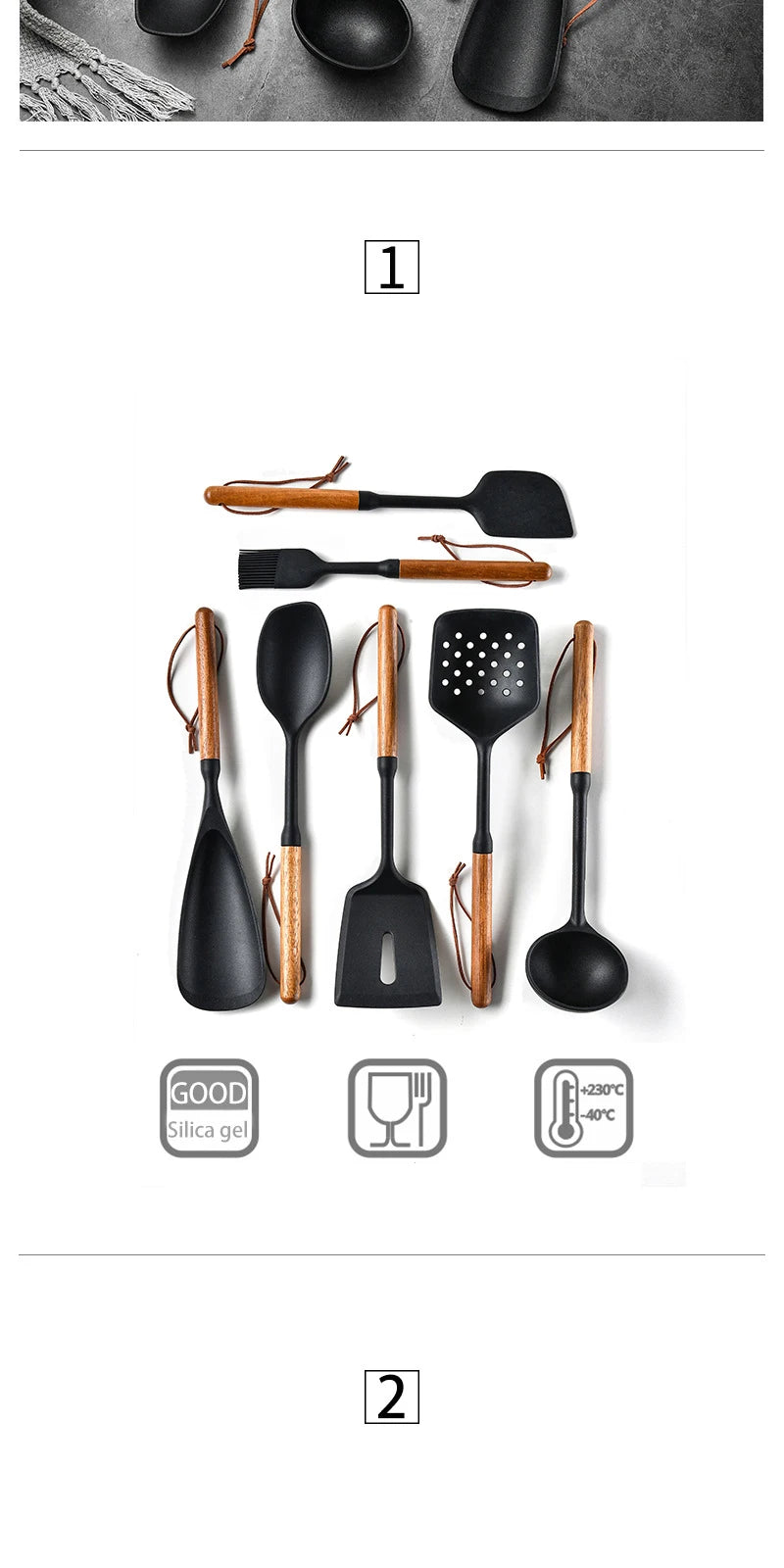1/7Pcs Black Food Grade Silicone Kitchen Cookware Utensils Spatula Spoon Oil Brush Practical Cooking Tool Kitchenware Set