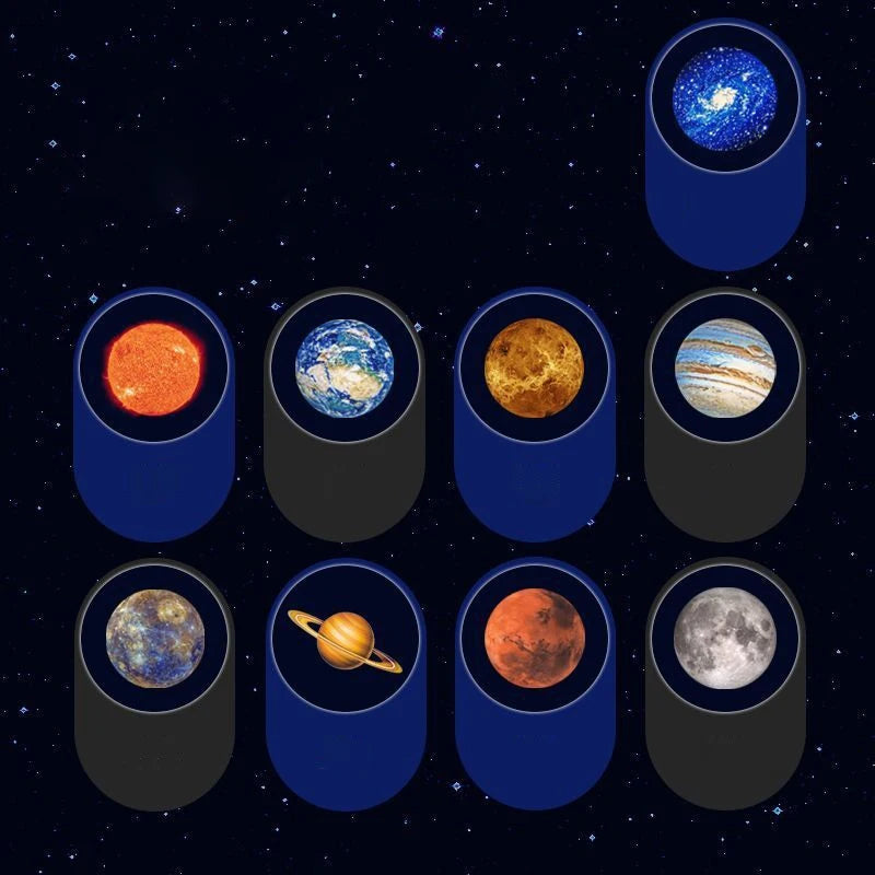 Eight round pins with images of planets, the sun, moon, and galaxy on a starry background.