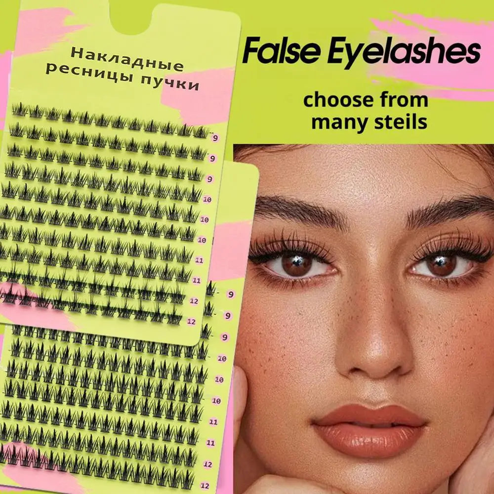 False eyelashes set in trays with a close-up of a woman wearing voluminous lashes