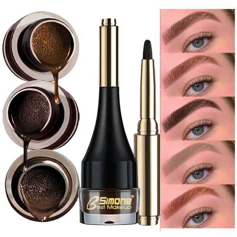 Eyebrow pomade kit with brush and color swatches, shows before and after eyebrow makeup results.