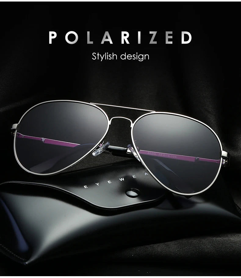 Polarized aviator sunglasses with black lenses and silver frame on a black eyewear case
