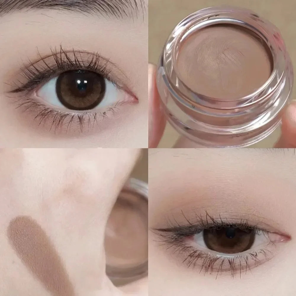 Natural brown cream eyeshadow applied on eyelids, swatch, and product close-up in jar