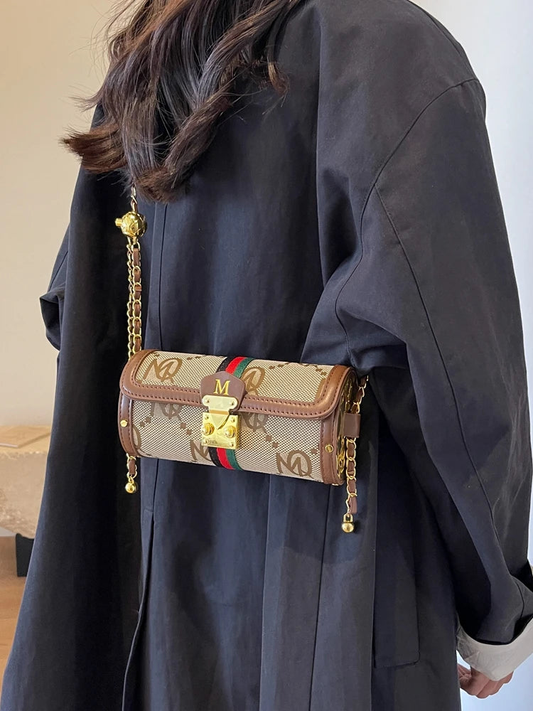 Fashionable Retro Summer Women's Chain Crossbody Bag Trendy Cylinder Bag Soft PU Leather Casual Style Small Size Korean Style