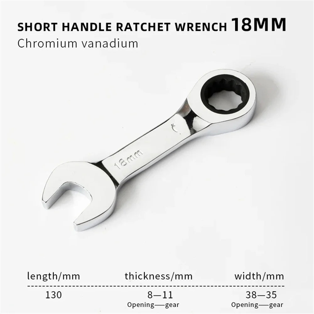 6-19mm Stubby Ratchet Spanner Short Ratchet Wrench Car Repair Hand Tools 72 Tooth Design Short Handle Dual-purpose Wrench Tool