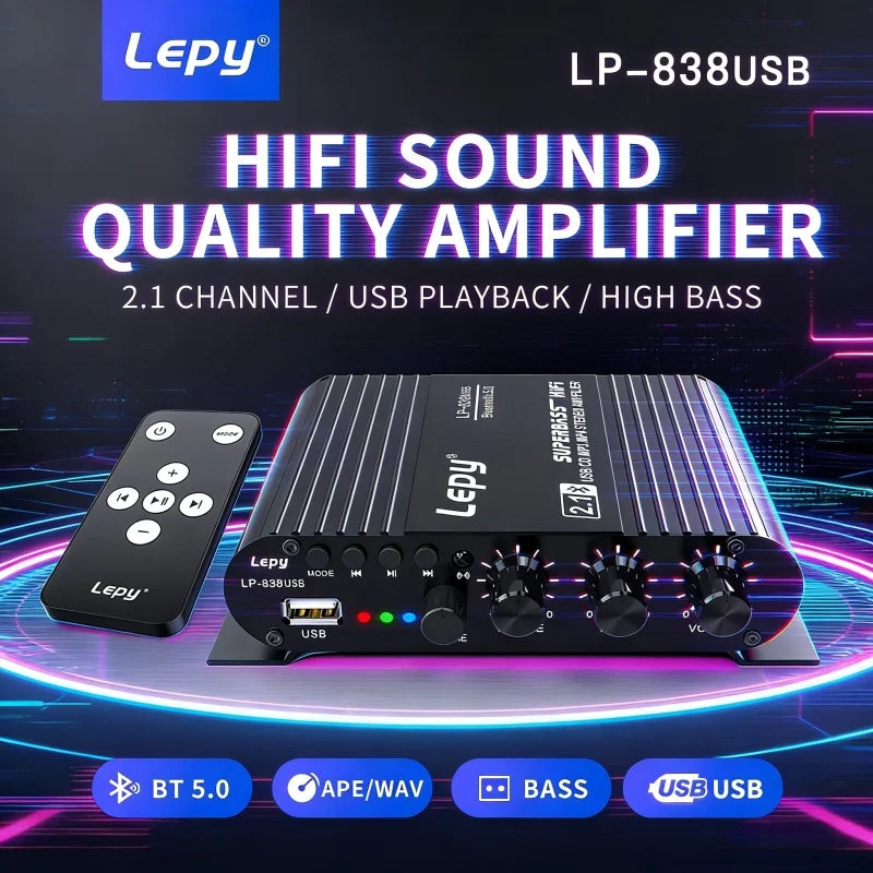 LP-838USB 2.1Channel Amplifier 12V Car Home Amp USB BT Lossless Music Play Digital Audio Amplificador with Remote Control HiFi