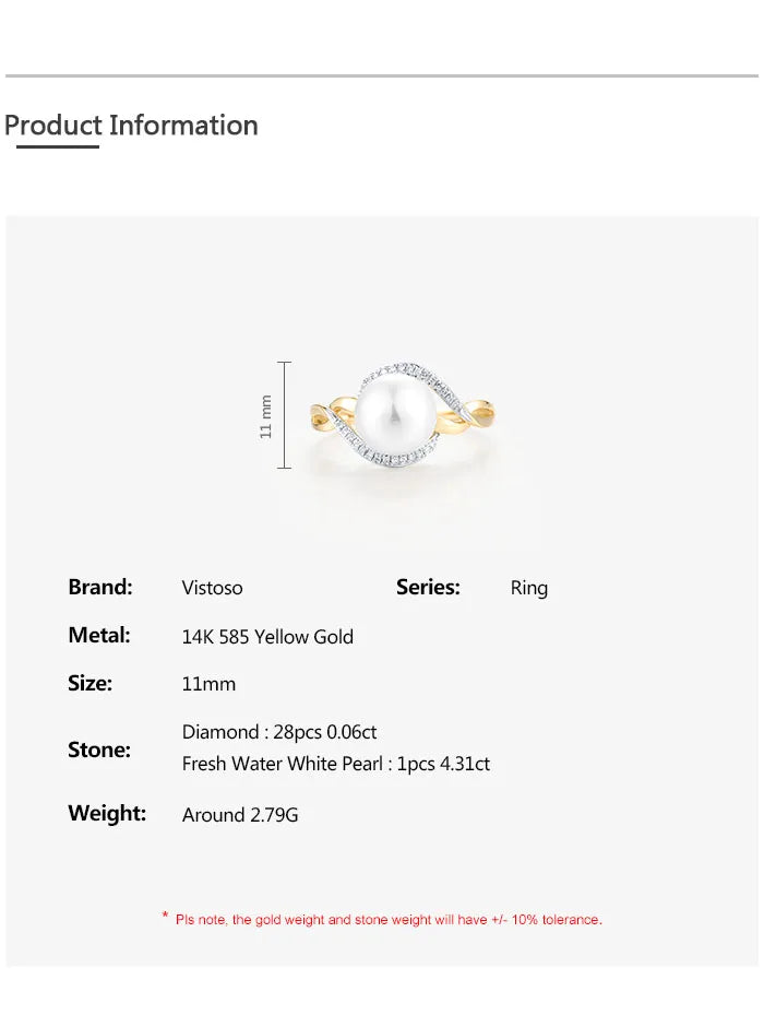 VISTOSO Genuine 14K 585 Yellow Gold Ring For Women Sparkling Diamonds Fresh Water Pearl Delicate Party Fashion Fine Jewelry