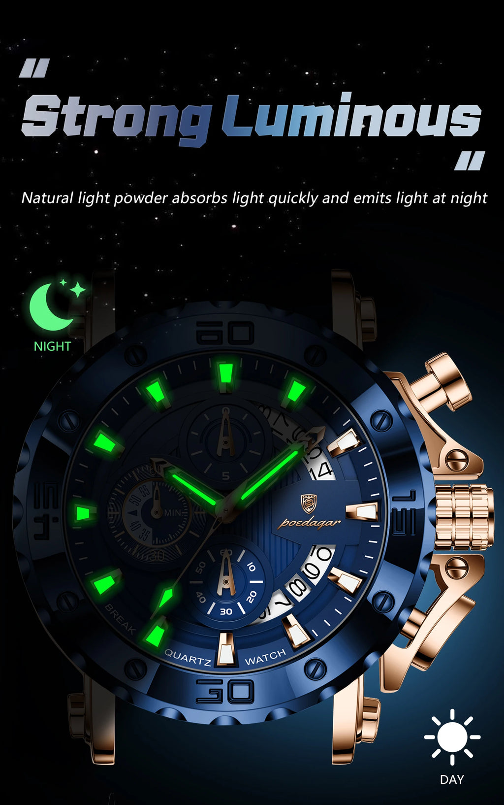 POEDAGAR Original Luxury Man Watch Chronograph Waterproof Luminous Sports Men Clock Calendar Silicone Strap Quartz Men's Watches