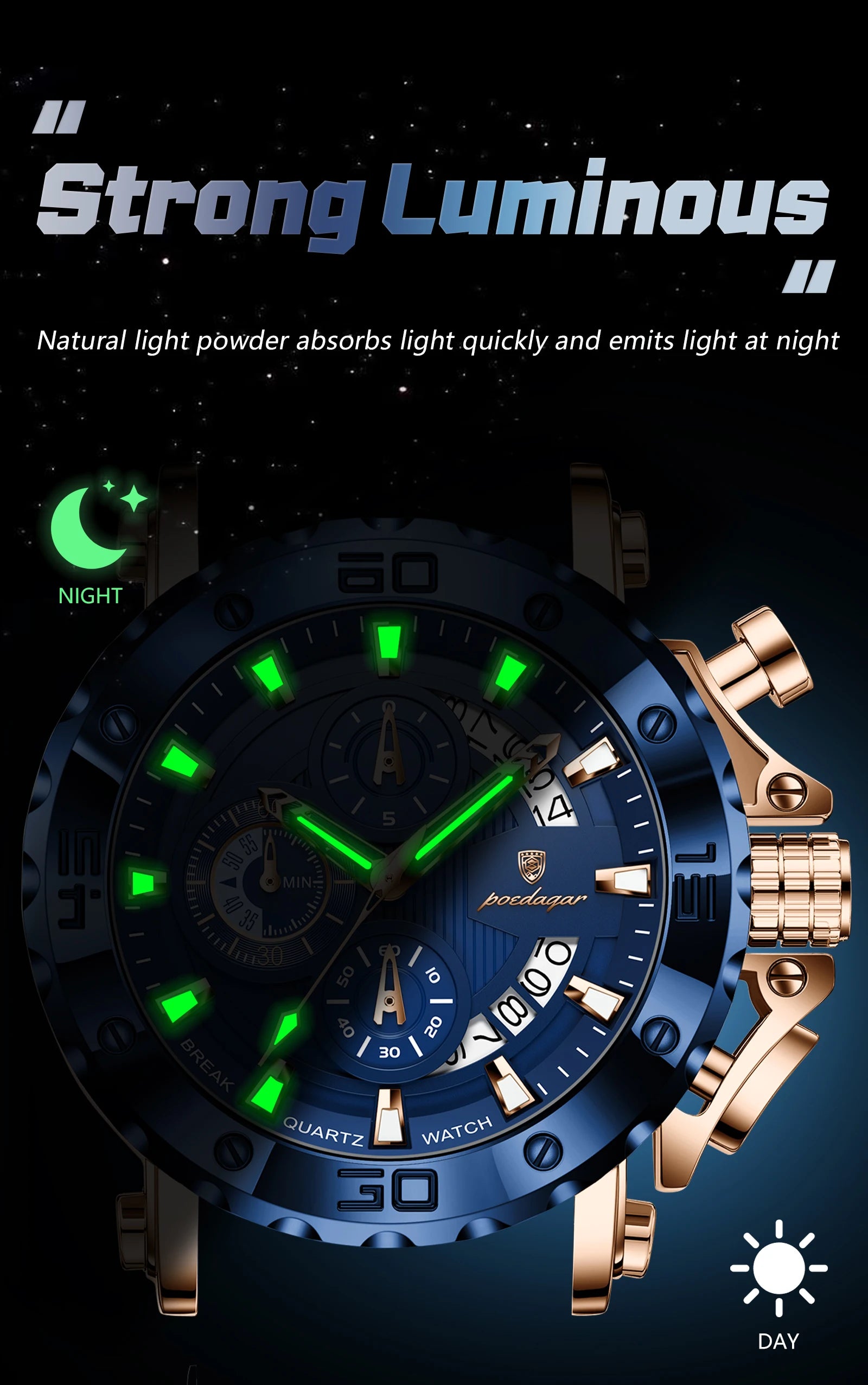 POEDAGAR Original Luxury Man Watch Chronograph Waterproof Luminous Sports Men Clock Calendar Silicone Strap Quartz Men's Watches
