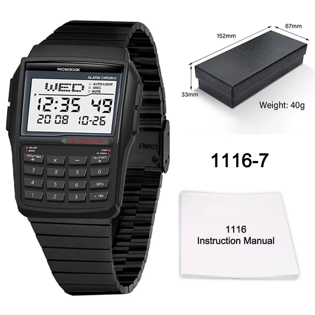 Top Luxury Stainless Steel Men's Watch Dual Time Zone Sports Calculator Watch Men's Digital Watch Timer Casual Phonebook Watch