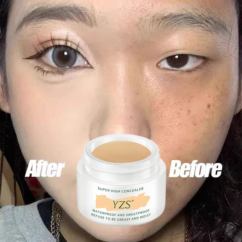 Before and after comparison of woman's face using waterproof concealer cream for flawless skin