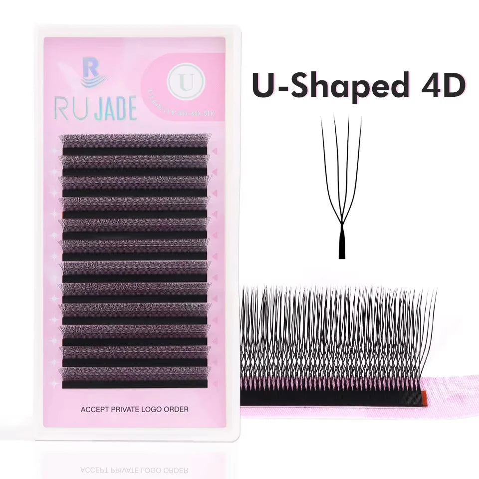 U-shaped 4D eyelash extension tray with close-up of individual lash fans