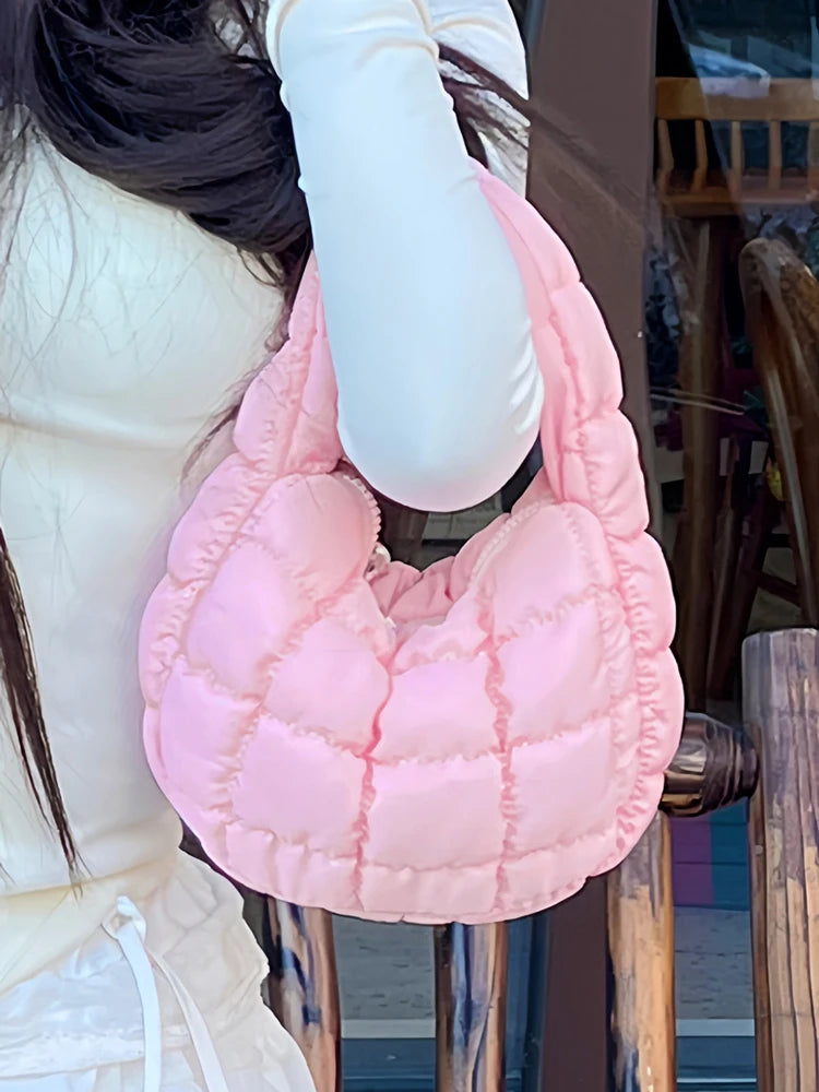 Spring 2025 Cloud Texture Quilted Bubble Handbag Casual Korean Style Women's Bag Mobile Phone Bag Folded Nylon Youth Leisure