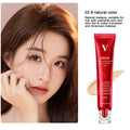 Moisturizing liquid foundation tube with natural color, next to model with flawless makeup
