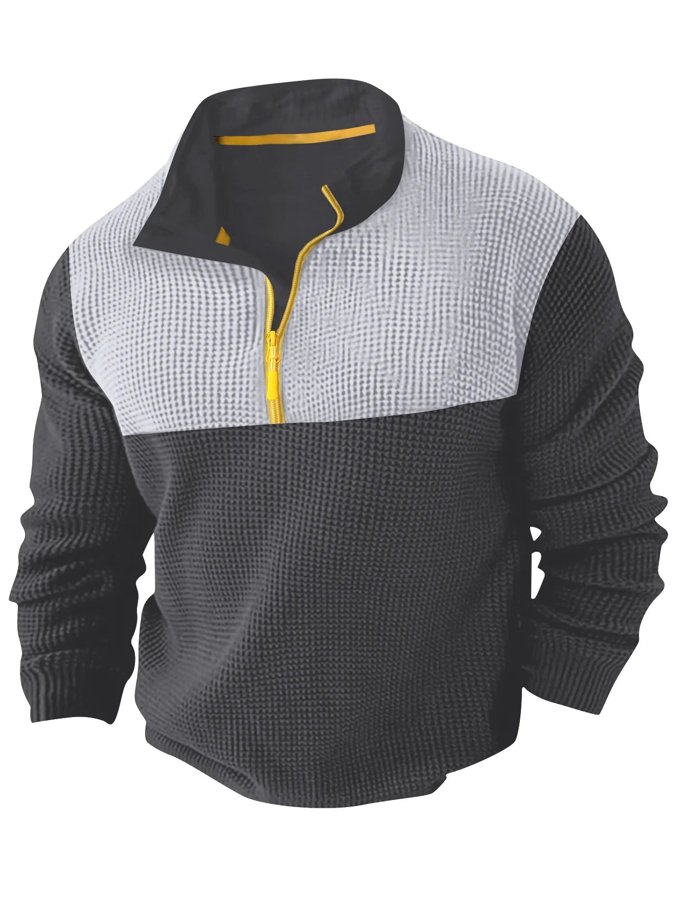 2025 New Patchwork Autumn winter fabric men's casual long sleeve solid color half zip stand collar T-shirt top men's pullover ﻿