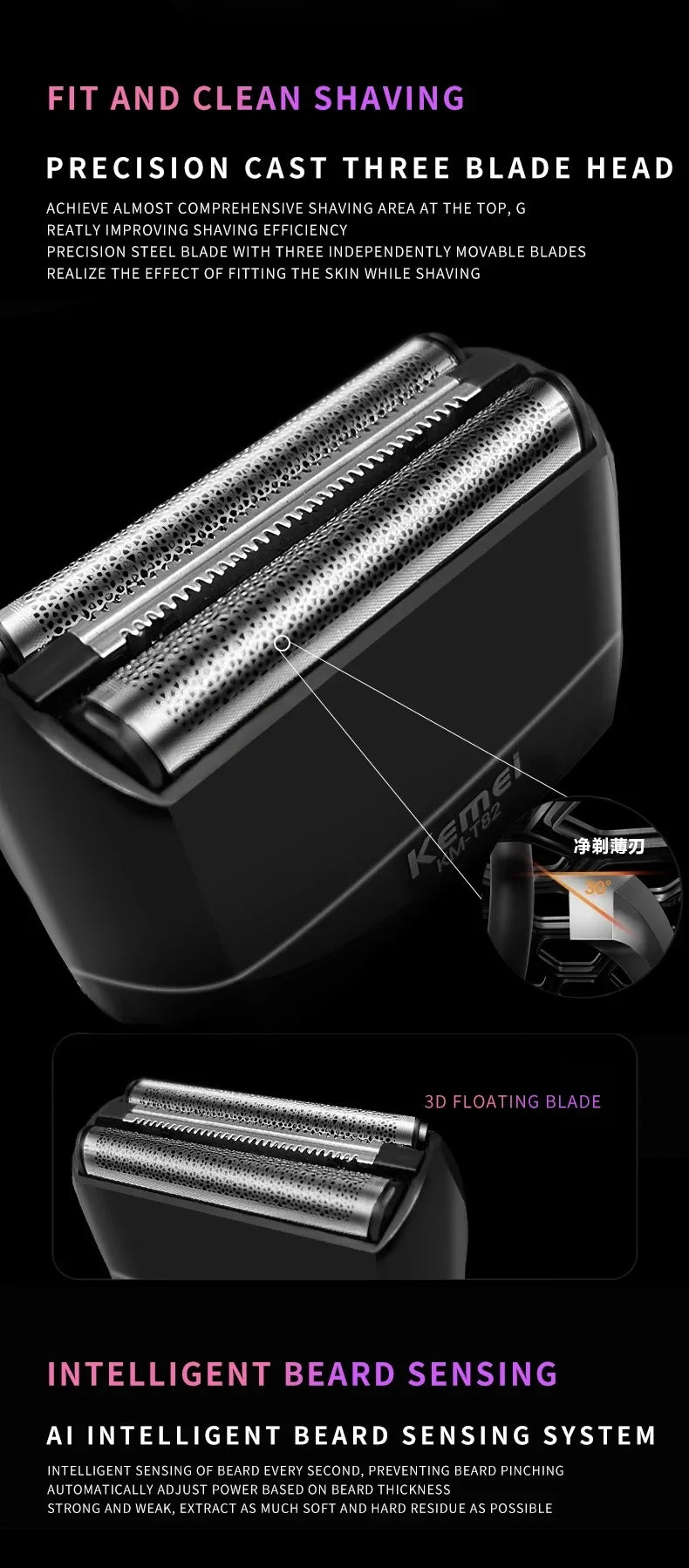 Kemei Foil Shaver Electric Razor for Men's Face Compact Travel Shavers Waterproof Close Shave Trimmer USB-C Rechargeable Gifts