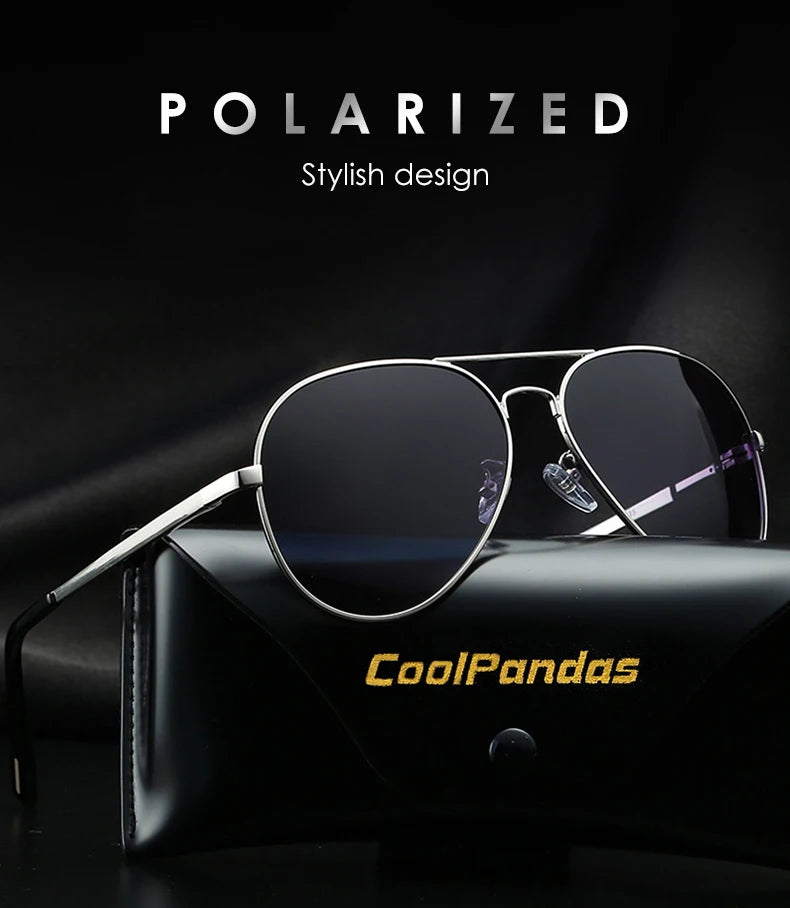 Polarized aviator sunglasses with metal frame and black lenses, displayed on a CoolPandas case