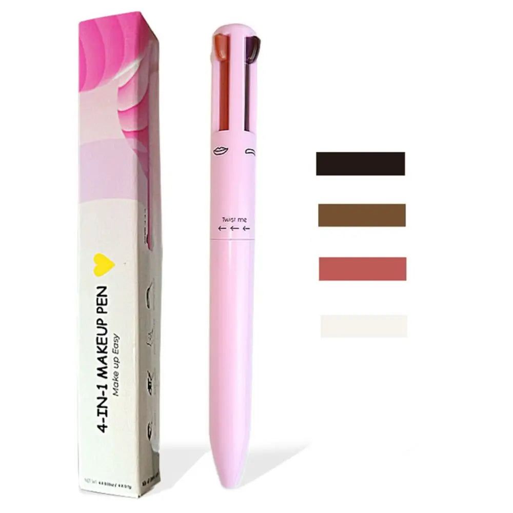 4-in-1 pink makeup pen with four color options and packaging box on white background
