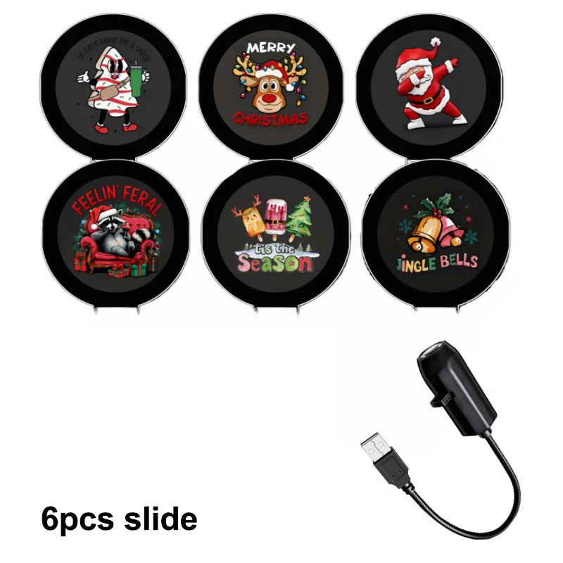 Set of 6 Christmas projector slides with festive designs and USB device