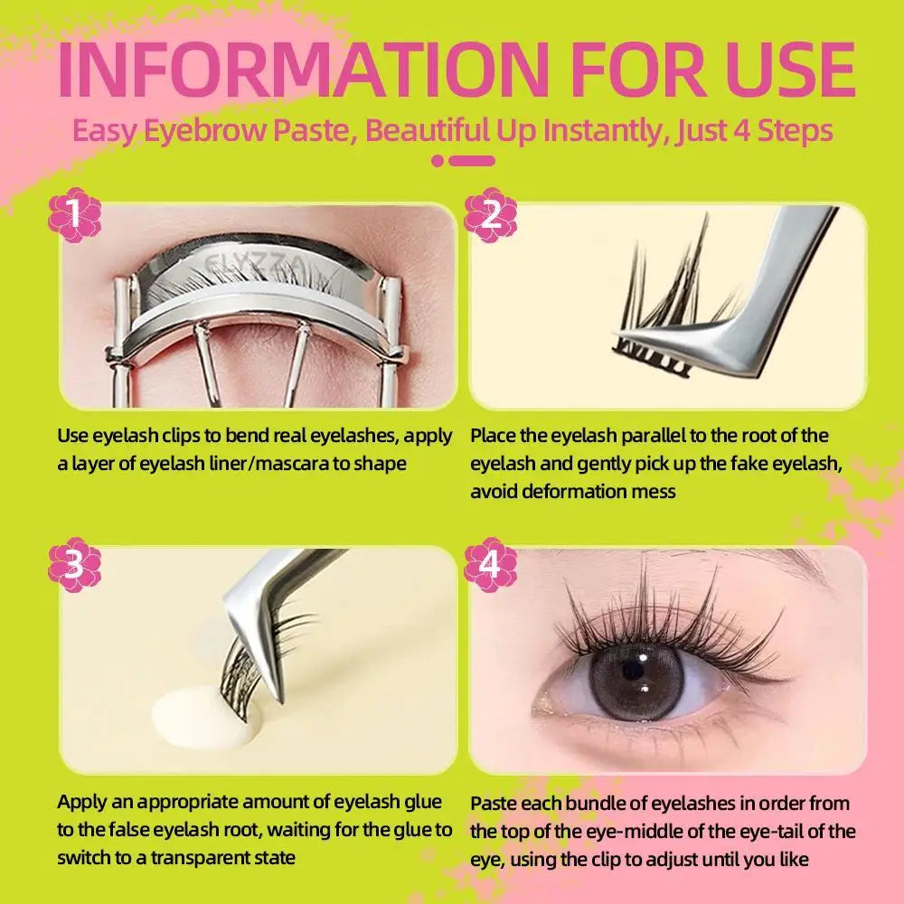 Step-by-step guide for applying false eyelashes using clips, tweezers, and eyelash glue.