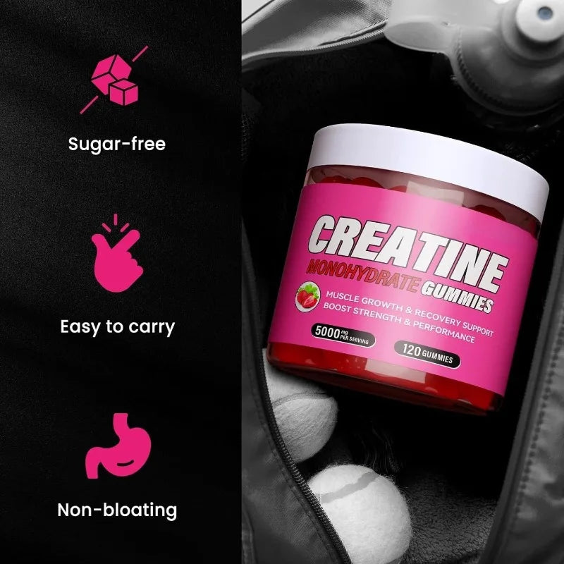 120 Count Creatine Monohydrate Gummies 5000mg Strawberry Flavor Support Muscle Growth and Post Exercise Recovery 0g Sugar Vegan