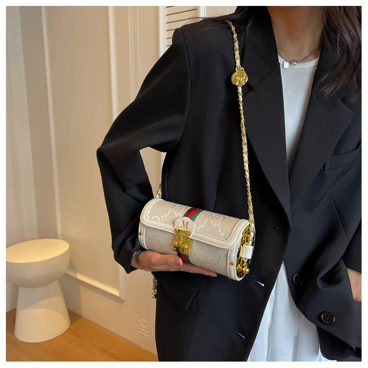 Fashionable Retro Summer Women's Chain Crossbody Bag Trendy Cylinder Bag Soft PU Leather Casual Style Small Size Korean Style