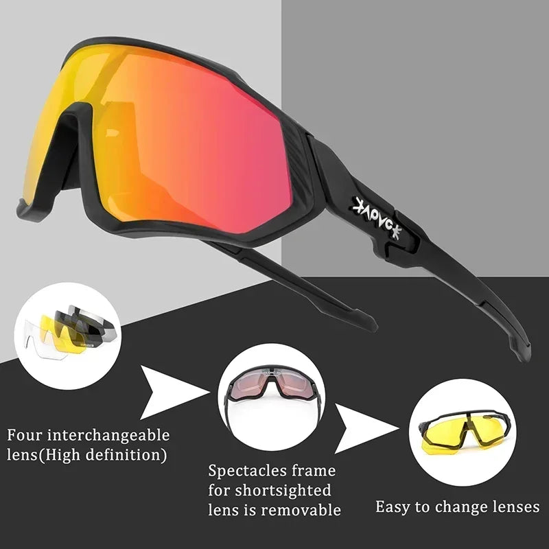 Black sports sunglasses with orange reflective lenses, interchangeable frames, and lens options.