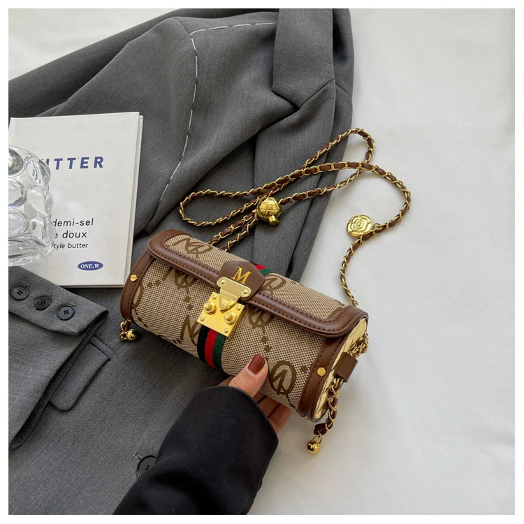 Fashionable Retro Summer Women's Chain Crossbody Bag Trendy Cylinder Bag Soft PU Leather Casual Style Small Size Korean Style