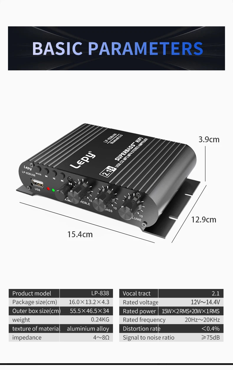LP-838USB 2.1Channel Amplifier 12V Car Home Amp USB BT Lossless Music Play Digital Audio Amplificador with Remote Control HiFi