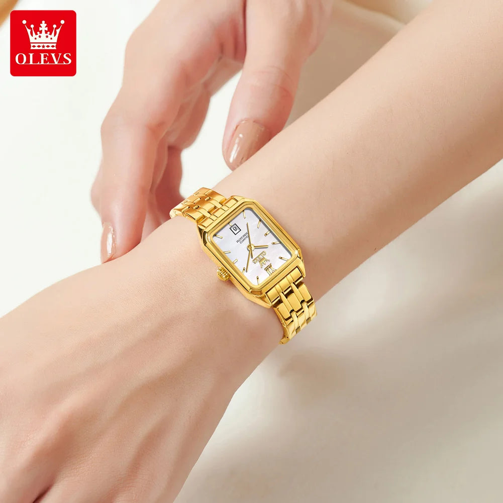OLEVS 5616 New Quartz Watch for Women Fashion Elegant Square Golden Watch Calendar Waterproof Stainless Steel Ladies Wristwatch