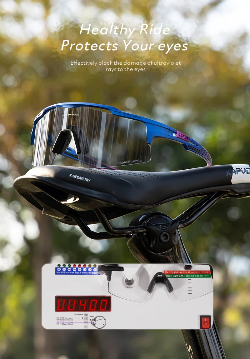 Blue photochromic cycling sunglasses on bike saddle with UV400 protection display outdoors