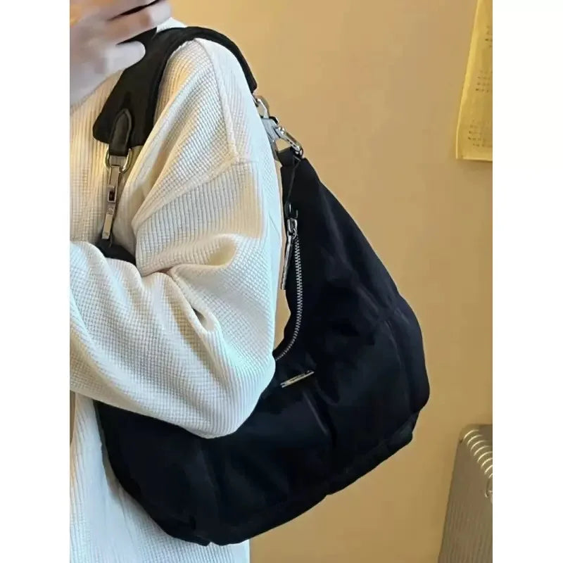 Retro Black Cloud Handbag Women's Shoulder Bag Crescent Bag Underarm Bag Fashionable Nylon Pure Color Casual Crossbody Bag