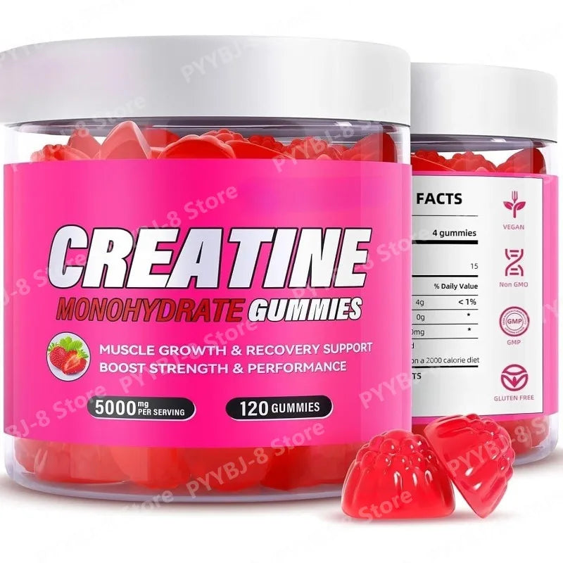 120 Count Creatine Monohydrate Gummies 5000mg Strawberry Flavor Support Muscle Growth and Post Exercise Recovery 0g Sugar Vegan